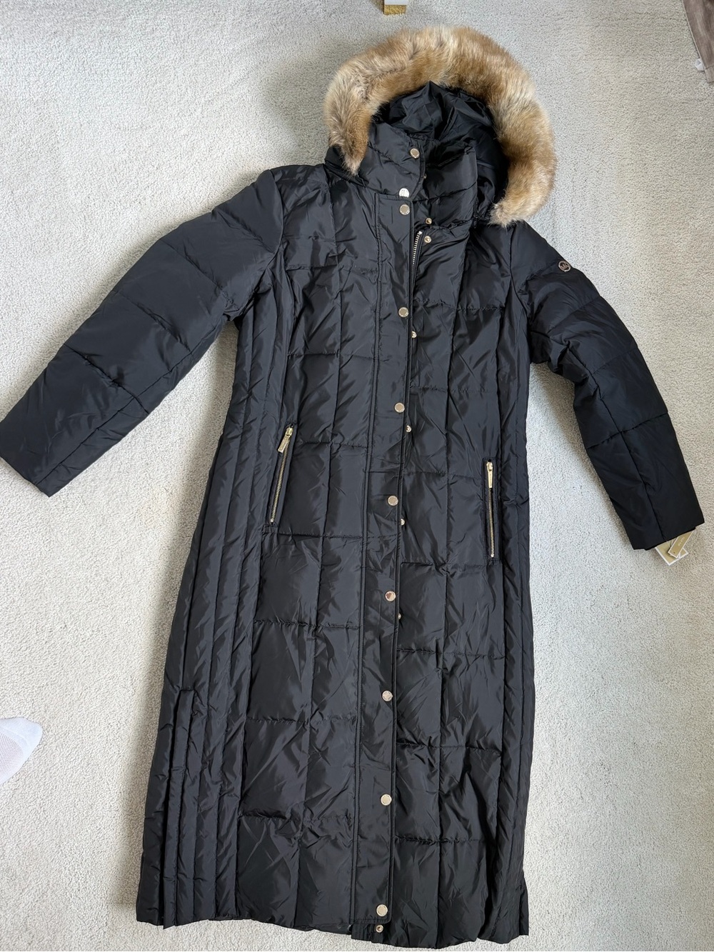 NEW Michael Kors Black Long Quilted Puffer Coat with Faux Fur Trim Hood